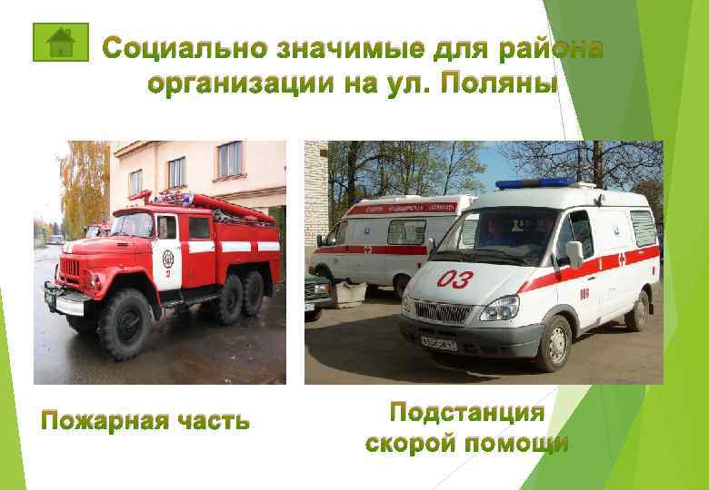 Социально значимые для района организации на ул. Поляны Пожарная часть Подстанция скорой помощи 