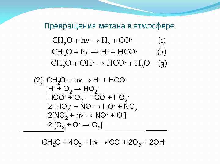 Превращения метана в атмосфере CH 2 O + hν → H 2 + CO·