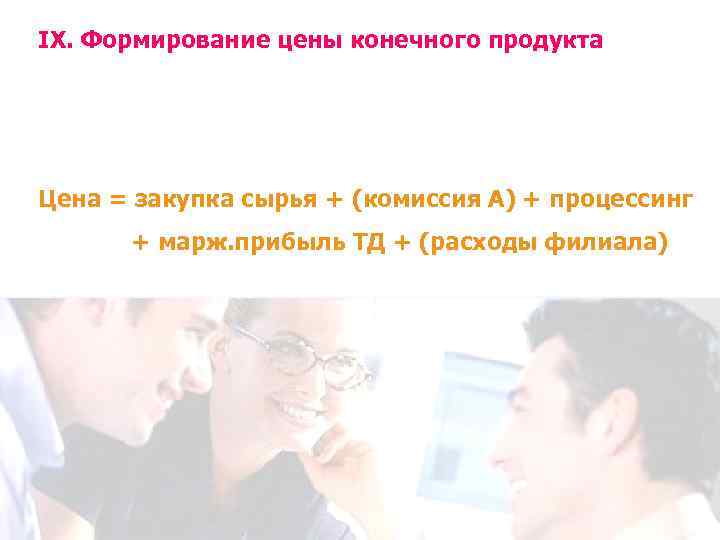 IX. Формирование цены конечного продукта Цена = закупка сырья + (комиссия А) + процессинг