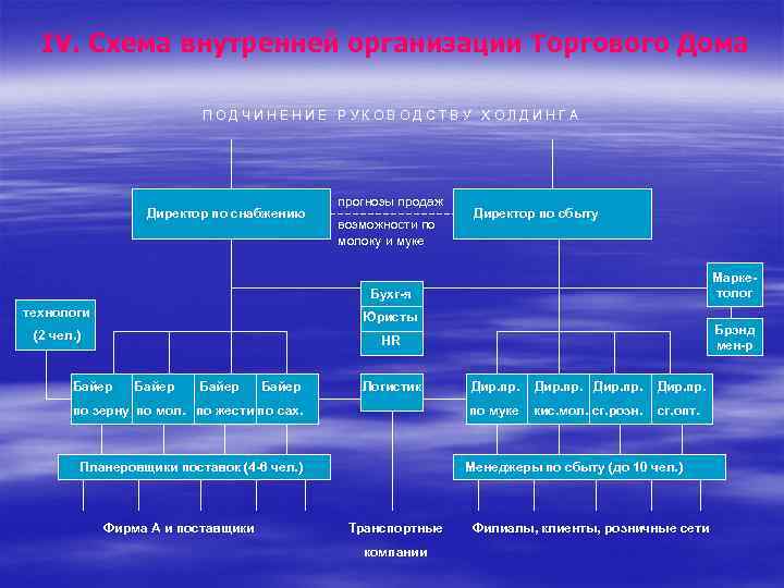 IV. Схема внутренней организации Торгового Дома ПОДЧИНЕНИЕ РУКОВОДСТВУ ХОЛДИНГА Директор по снабжению прогнозы продаж