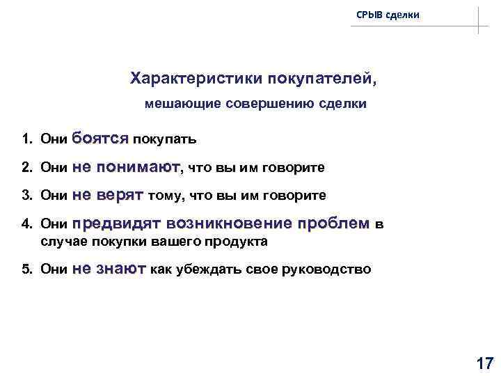 СРЫВ сделки Характеристики покупателей, мешающие совершению сделки 1. Они боятся покупать 2. Они не