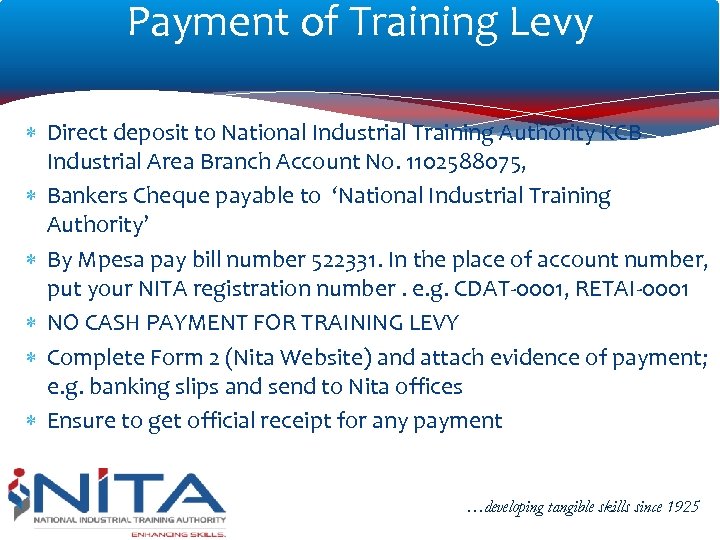 Payment of Training Levy Direct deposit to National Industrial Training Authority KCB Industrial Area