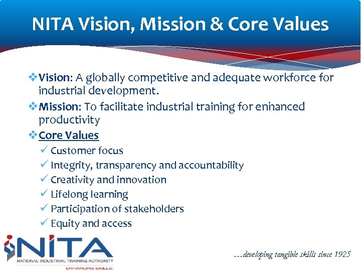 NITA Vision, Mission & Core Values v. Vision: A globally competitive and adequate workforce