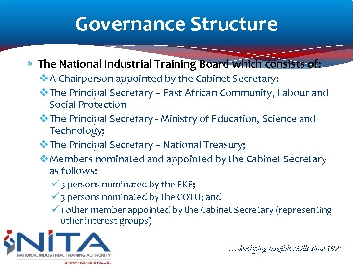 Governance Structure The National Industrial Training Board which consists of: v A Chairperson appointed