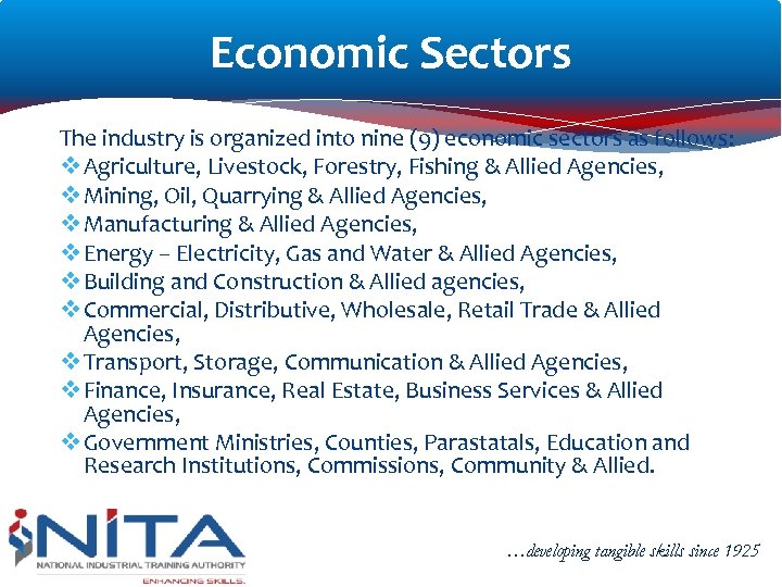 Economic Sectors The industry is organized into nine (9) economic sectors as follows: v