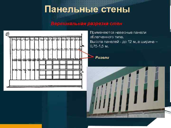 Панельные стены Вертикальная разрезка стен Применяются навесные панели облегченного типа. Высота панелей до 12