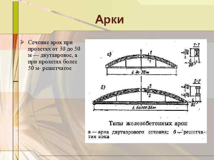 Арки Ø Сечение арок при пролетах от 30 до 50 м — двутавровое, а