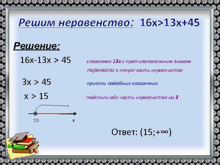 Решим неравенство: 16 х>13 х+45 Решение: 16 х-13 х > 45 слагаемое 13 х