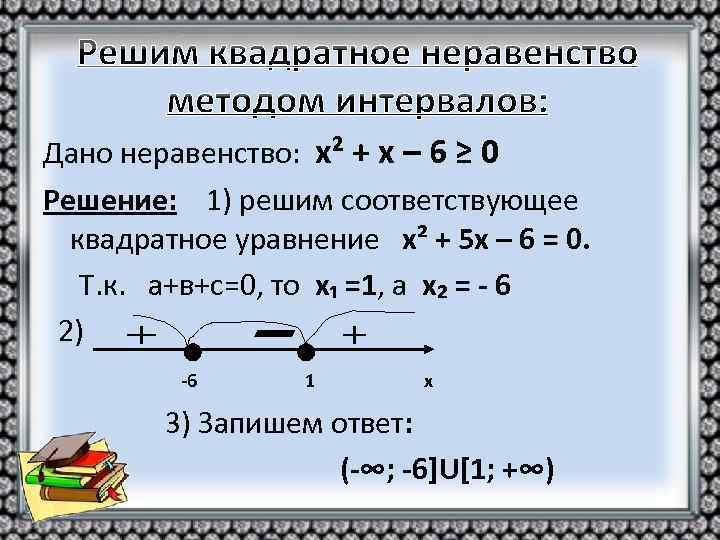 Дано неравенство: х² + х – 6 ≥ 0 Решение: 1) решим соответствующее квадратное
