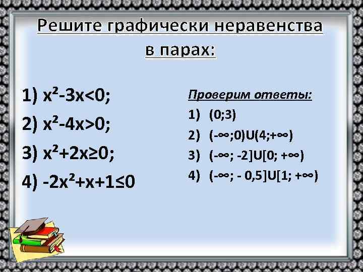 Решите графически неравенства в парах: 1) х²-3 х<0; 2) х²-4 х>0; 3) х²+2 х≥
