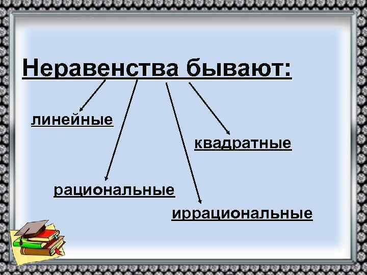 Неравенства бывают: линейные квадратные рациональные иррациональные 