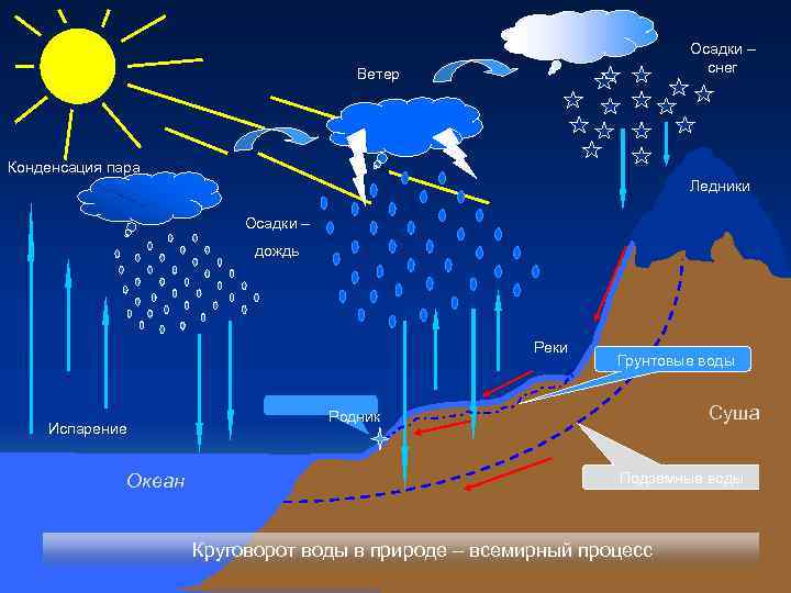 Осадки – снег Ветер Конденсация пара Ледники Осадки – дождь Реки Грунтовые воды Суша