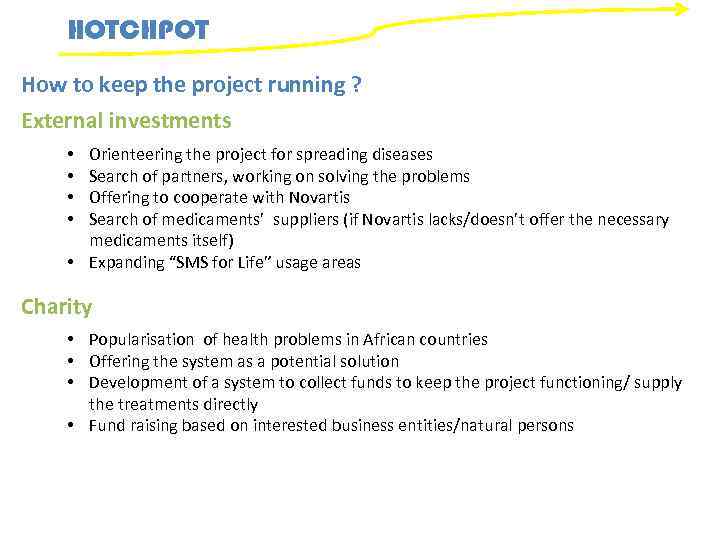 HOTCHPOT How to keep the project running ? External investments Orienteering the project for