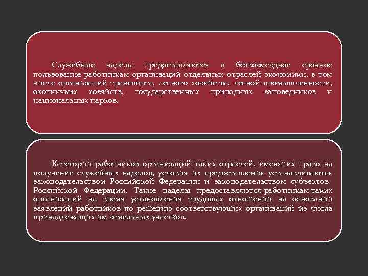Служебные наделы предоставляются в безвозмездное срочное пользование работникам организаций отдельных отраслей экономики, в том