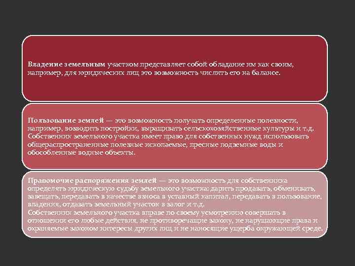 Владение земельным участком представляет собой обладание им как своим, например, для юридических лиц это