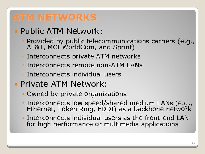 ATM NETWORKS Public ATM Network: ◦ Provided by public telecommunications carriers (e. g. ,