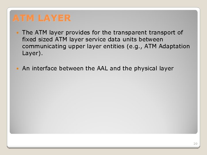 ATM LAYER The ATM layer provides for the transparent transport of fixed sized ATM