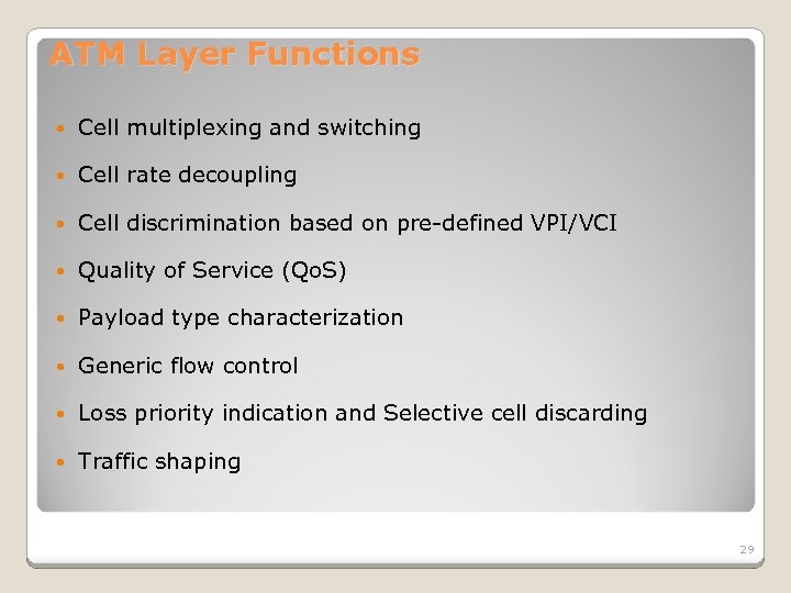 ATM Layer Functions Cell multiplexing and switching Cell rate decoupling Cell discrimination based on