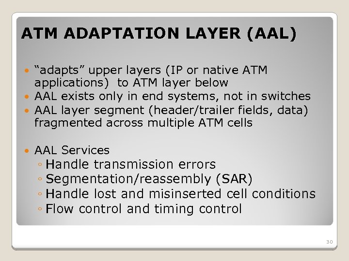 ATM ADAPTATION LAYER (AAL) “adapts” upper layers (IP or native ATM applications) to ATM