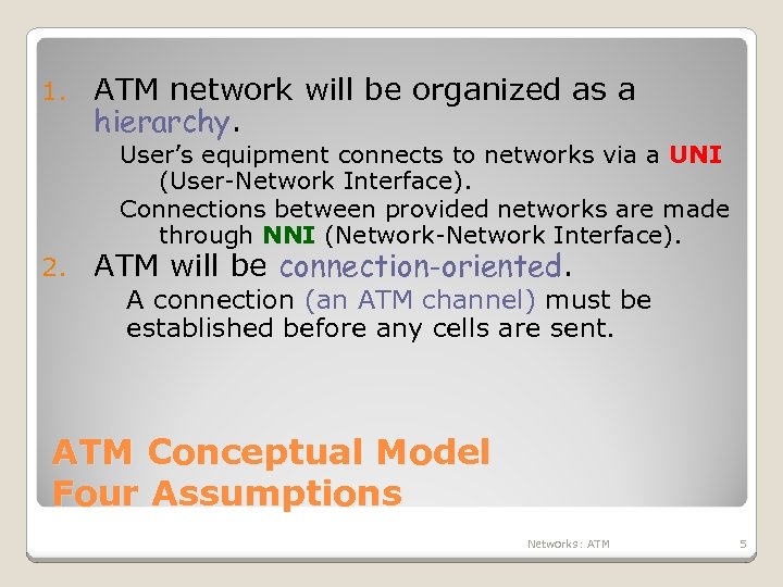 1. ATM network will be organized as a hierarchy. User’s equipment connects to networks