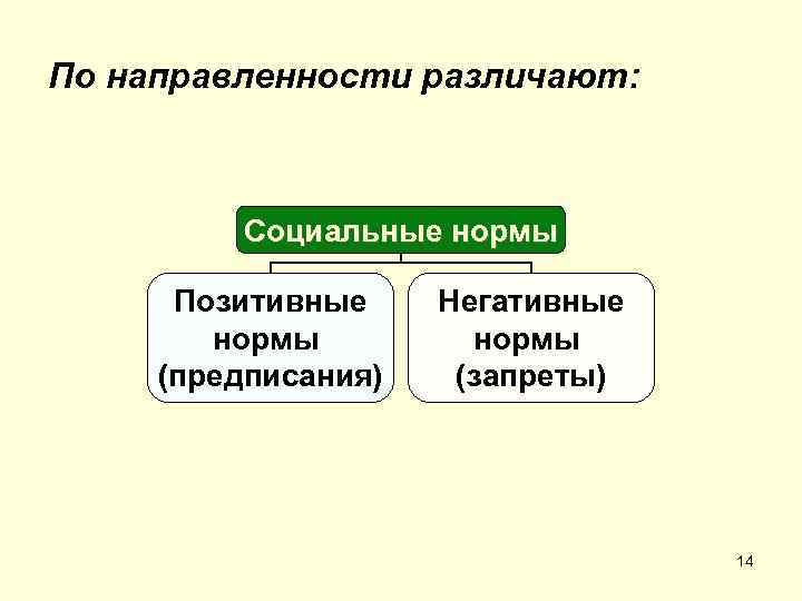 По направленности различают: Социальные нормы Позитивные нормы (предписания) Негативные нормы (запреты) 14 