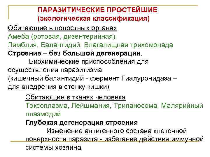 ПАРАЗИТИЧЕСКИЕ ПРОСТЕЙШИЕ (экологическая классификация) Обитающие в полостных органах Амеба (ротовая, дизентерийная), Лямблия, Балантидий, Влагалищная