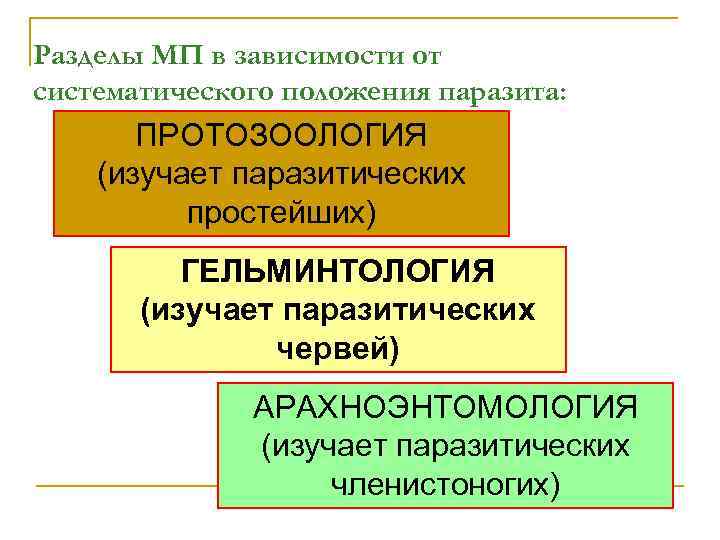 Разделы МП в зависимости от систематического положения паразита: ПРОТОЗООЛОГИЯ (изучает паразитических простейших) ГЕЛЬМИНТОЛОГИЯ (изучает
