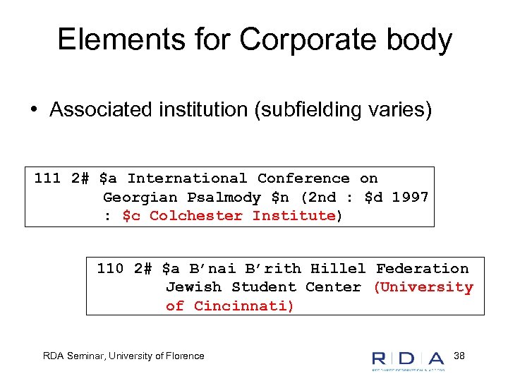 Elements for Corporate body • Associated institution (subfielding varies) 111 2# $a International Conference