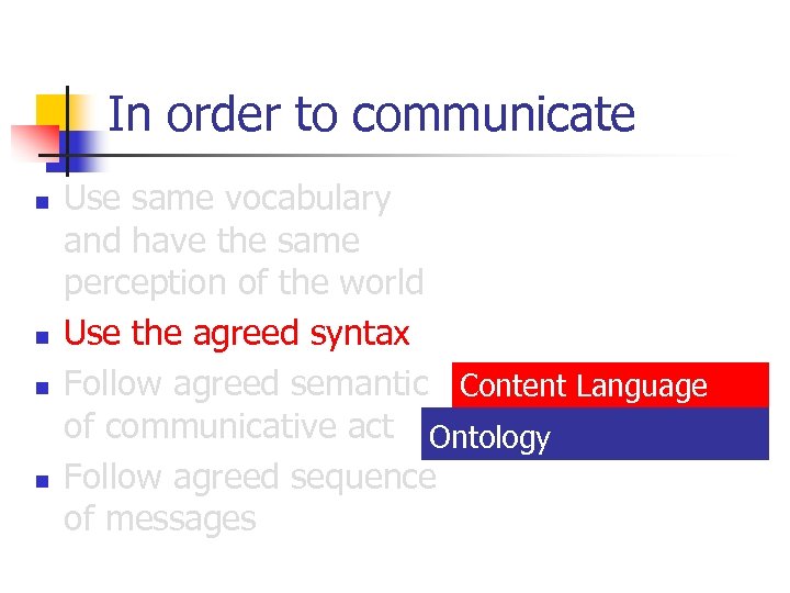 In order to communicate n n Use same vocabulary and have the same perception