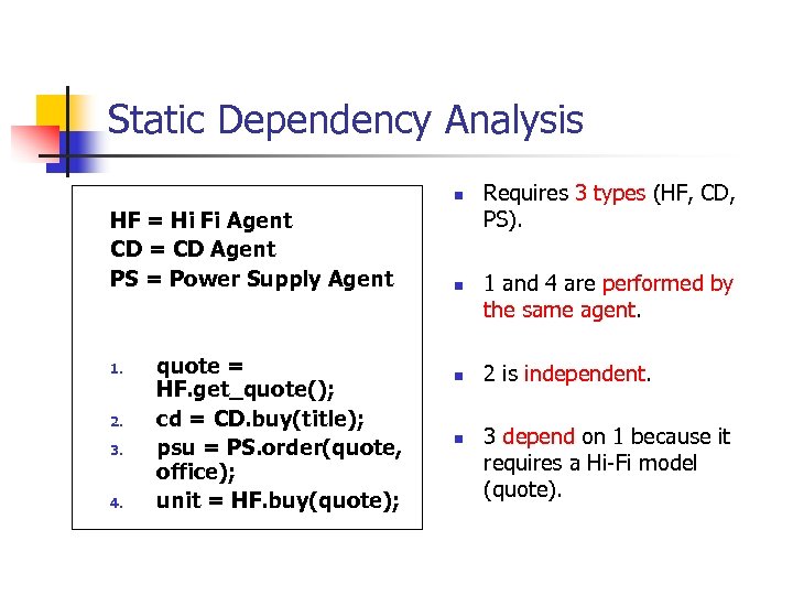 Static Dependency Analysis n HF = Hi Fi Agent CD = CD Agent PS