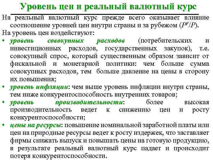 Уровень цен и реальный валютный курс На реальный валютный курс прежде всего оказывает влияние