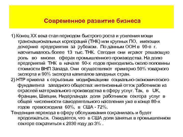  Современное развитие бизнеса 1) Конец XX века стал периодом быстрого роста и усиления