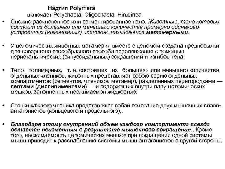  • Надтип Polymera включает Polychaeta, Oligochaeta, Hirudinea Сложно расчлененное или сегментированное тело. Животные,