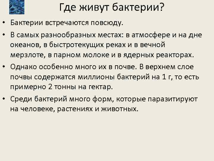Где живут бактерии? • Бактерии встречаются повсюду. • В самых разнообразных местах: в атмосфере
