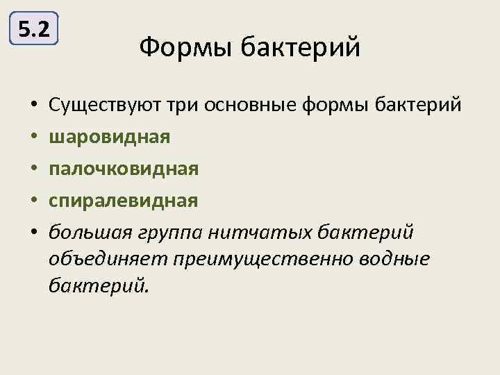 5. 2 • • • Формы бактерий Существуют три основные формы бактерий шаровидная палочковидная