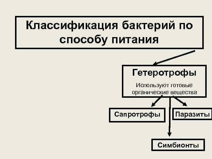 Классификация бактерий по способу питания Гетеротрофы Используют готовые органические вещества Сапротрофы Паразиты Симбионты 