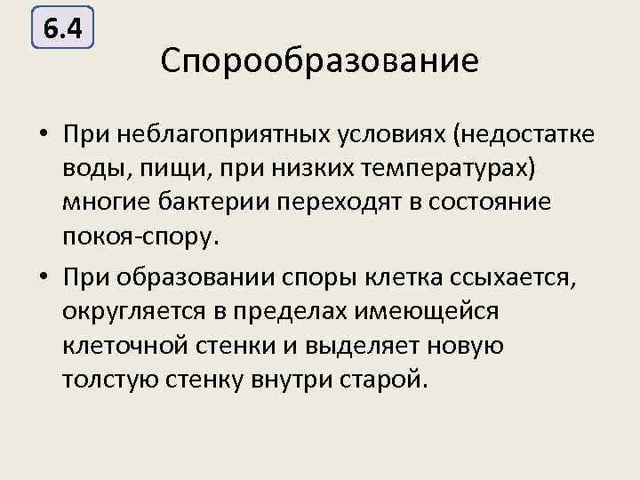 6. 4 Спорообразование • При неблагоприятных условиях (недостатке воды, пищи, при низких температурах) многие