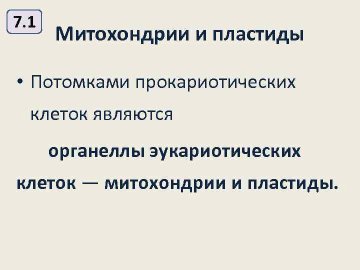 7. 1 Митохондрии и пластиды • Потомками прокариотических клеток являются органеллы эукариотических клеток —