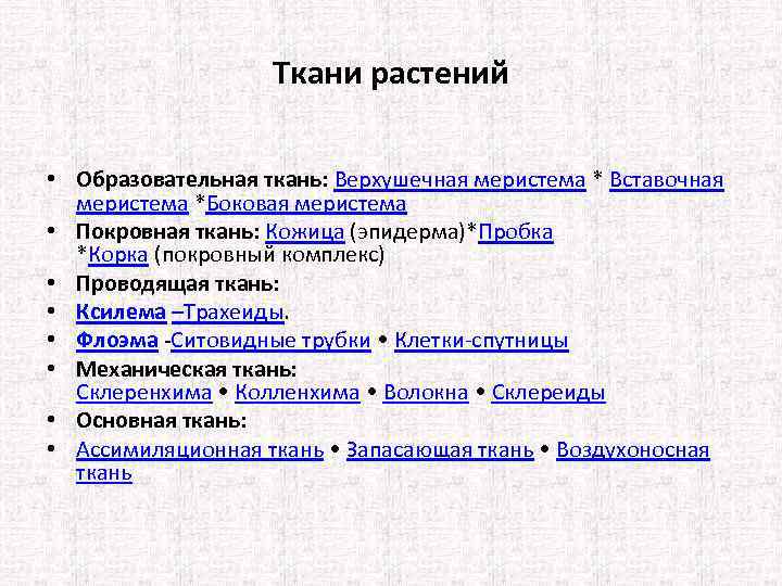 Ткани растений • Образовательная ткань: Верхушечная меристема * Вставочная меристема *Боковая меристема • Покровная