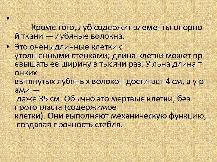  • Кроме того, луб содержит элементы опорно й ткани — лубяные волокна. •