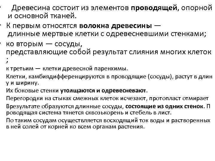  • Древесина состоит из элементов проводящей, опорной и основной тканей. • К первым