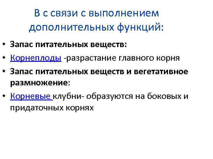 В с связи с выполнением дополнительных функций: • Запас питательных веществ: • Корнеплоды -разрастание