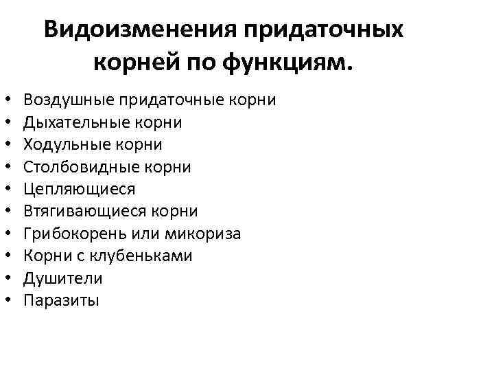 Видоизменения придаточных корней по функциям. • • • Воздушные придаточные корни Дыхательные корни Ходульные