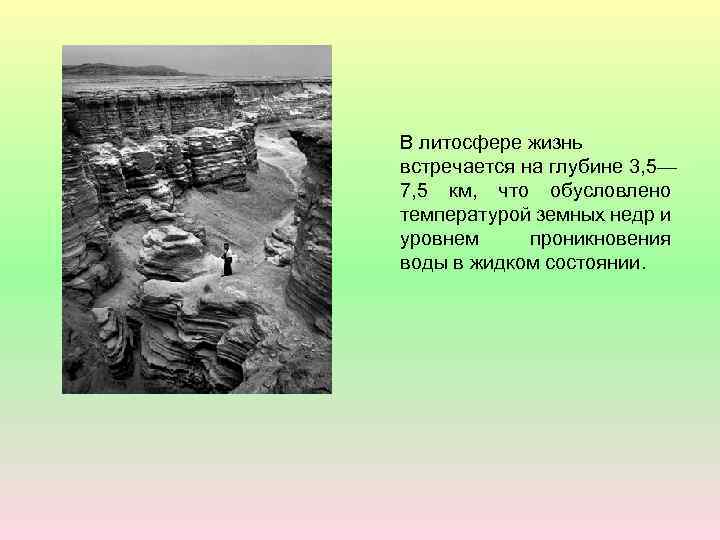 В литосфере жизнь встречается на глубине 3, 5— 7, 5 км, что обусловлено температурой