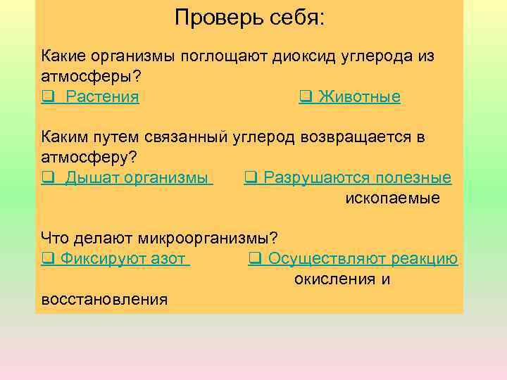 Проверь себя: Какие организмы поглощают диоксид углерода из атмосферы? Растения Животные Каким путем связанный