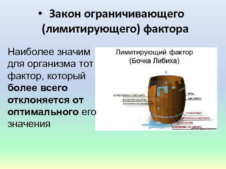  • Закон ограничивающего (лимитирующего) фактора Наиболее значим для организма тот фактор, который более
