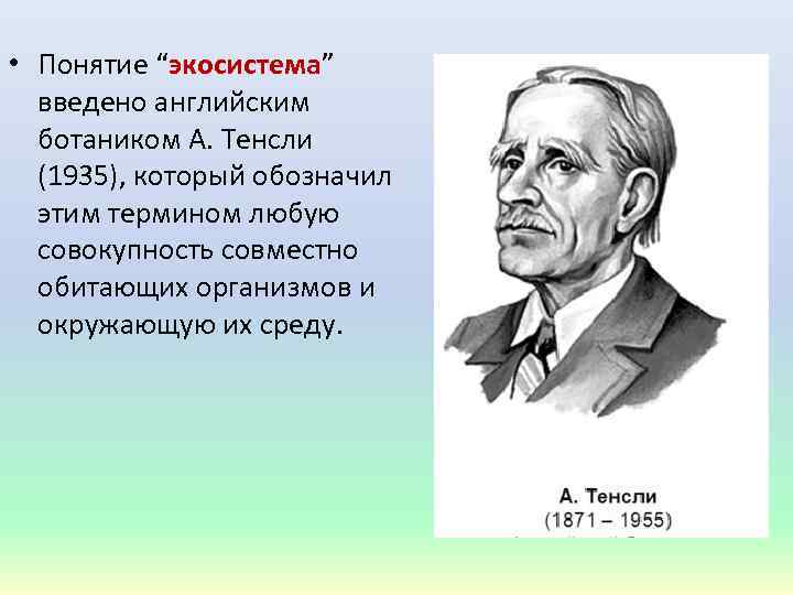  • Понятие “экосистема” введено английским ботаником А. Тенсли (1935), который обозначил этим термином