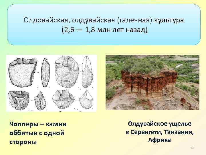 Олдовайская, олдувайская (галечная) культура (2, 6 — 1, 8 млн лет назад) Чопперы –