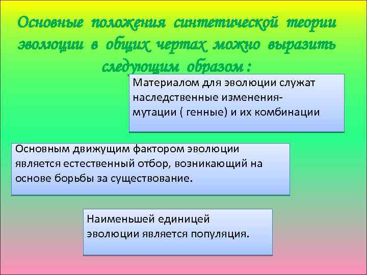 Основные положения синтетической теории эволюции в общих чертах можно выразить следующим образом : Материалом