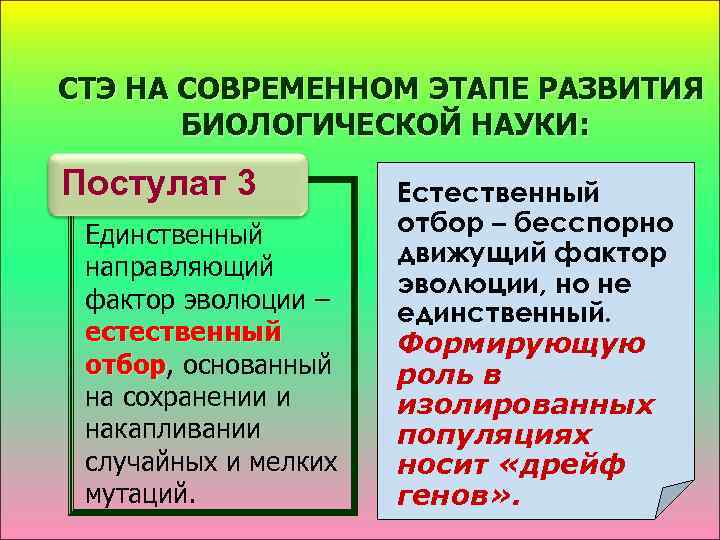 СТЭ НА СОВРЕМЕННОМ ЭТАПЕ РАЗВИТИЯ БИОЛОГИЧЕСКОЙ НАУКИ: Постулат 3 Единственный направляющий фактор эволюции –